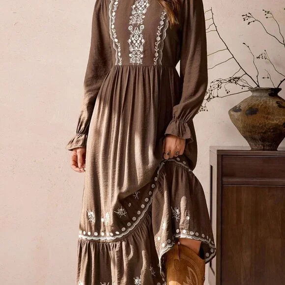 Coffee Brown Party Women's Frill Maxi Dress - Picture 1 of 7